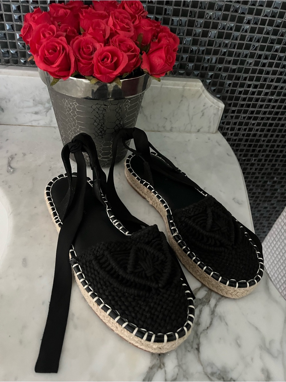 NEW Black Woven macrame Espadrille Sandals with lace up ankle ties - Picture 12 of 15